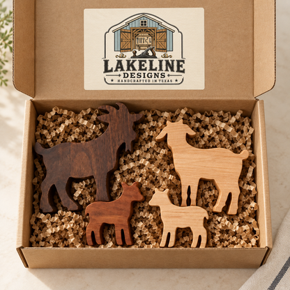 Solid Hardwood Goat Family Figurines: 4-Piece Farmhouse Shelf Decor