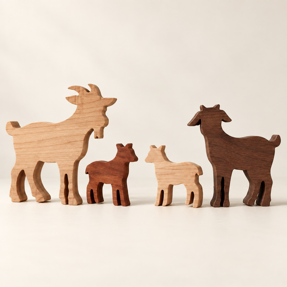 Solid Hardwood Goat Family Figurines: 4-Piece Farmhouse Shelf Decor