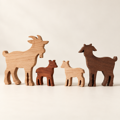 Solid Hardwood Goat Family Figurines: 4-Piece Farmhouse Shelf Decor