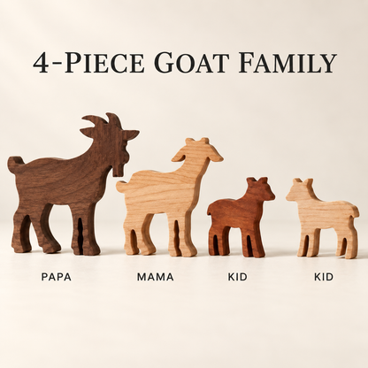 Solid Hardwood Goat Family Figurines: 4-Piece Farmhouse Shelf Decor