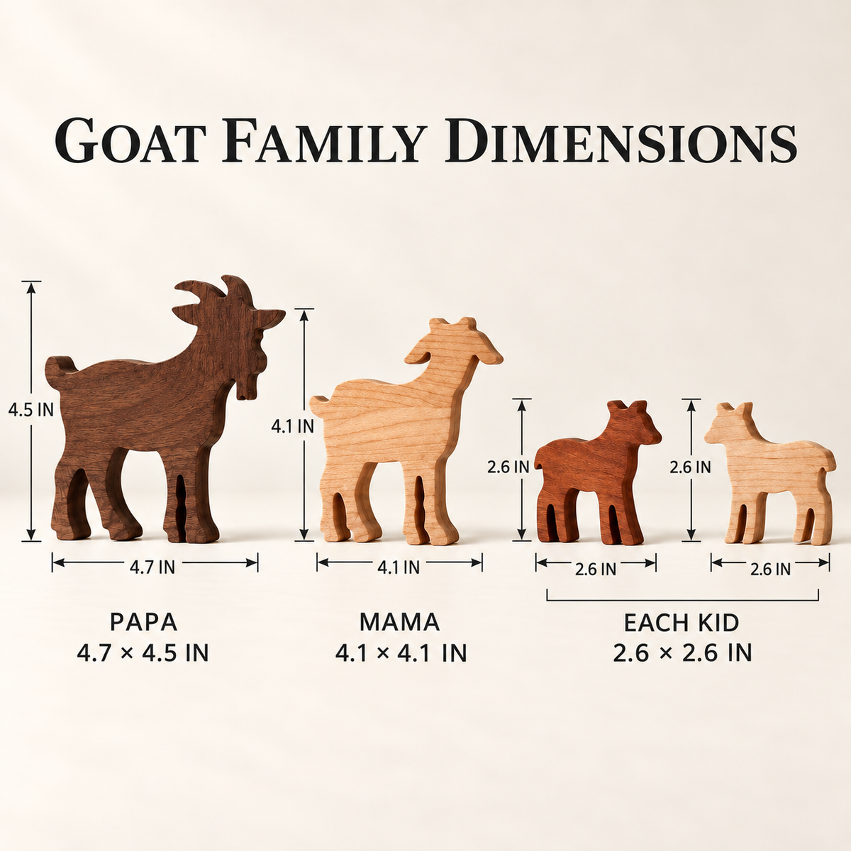 Solid Hardwood Goat Family Figurines: 4-Piece Farmhouse Shelf Decor