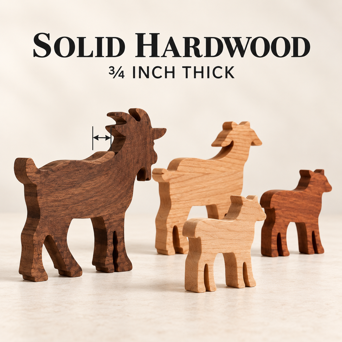 Solid Hardwood Goat Family Figurines: 4-Piece Farmhouse Shelf Decor