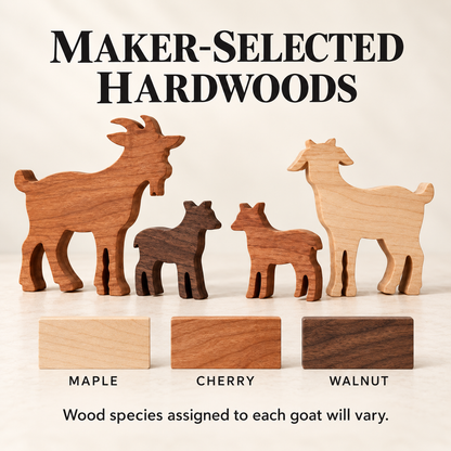 Solid Hardwood Goat Family Figurines: 4-Piece Farmhouse Shelf Decor