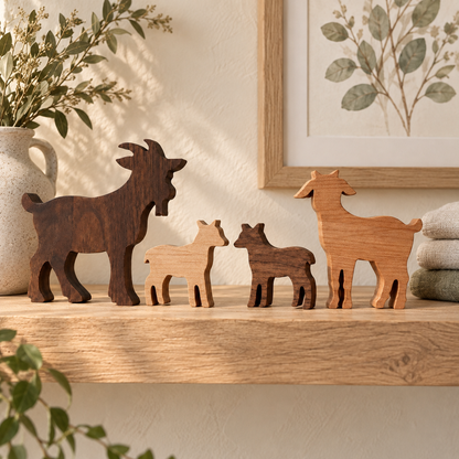Solid Hardwood Goat Family Figurines: 4-Piece Farmhouse Shelf Decor