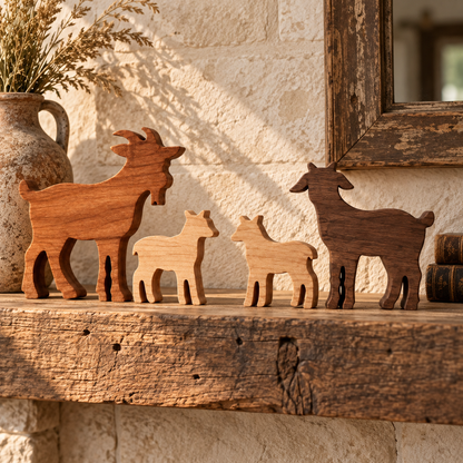 Solid Hardwood Goat Family Figurines: 4-Piece Farmhouse Shelf Decor
