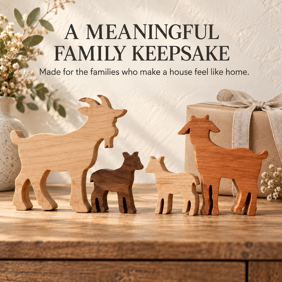 Solid Hardwood Goat Family Figurines: 4-Piece Farmhouse Shelf Decor