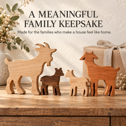 Solid Hardwood Goat Family Figurines: 4-Piece Farmhouse Shelf Decor