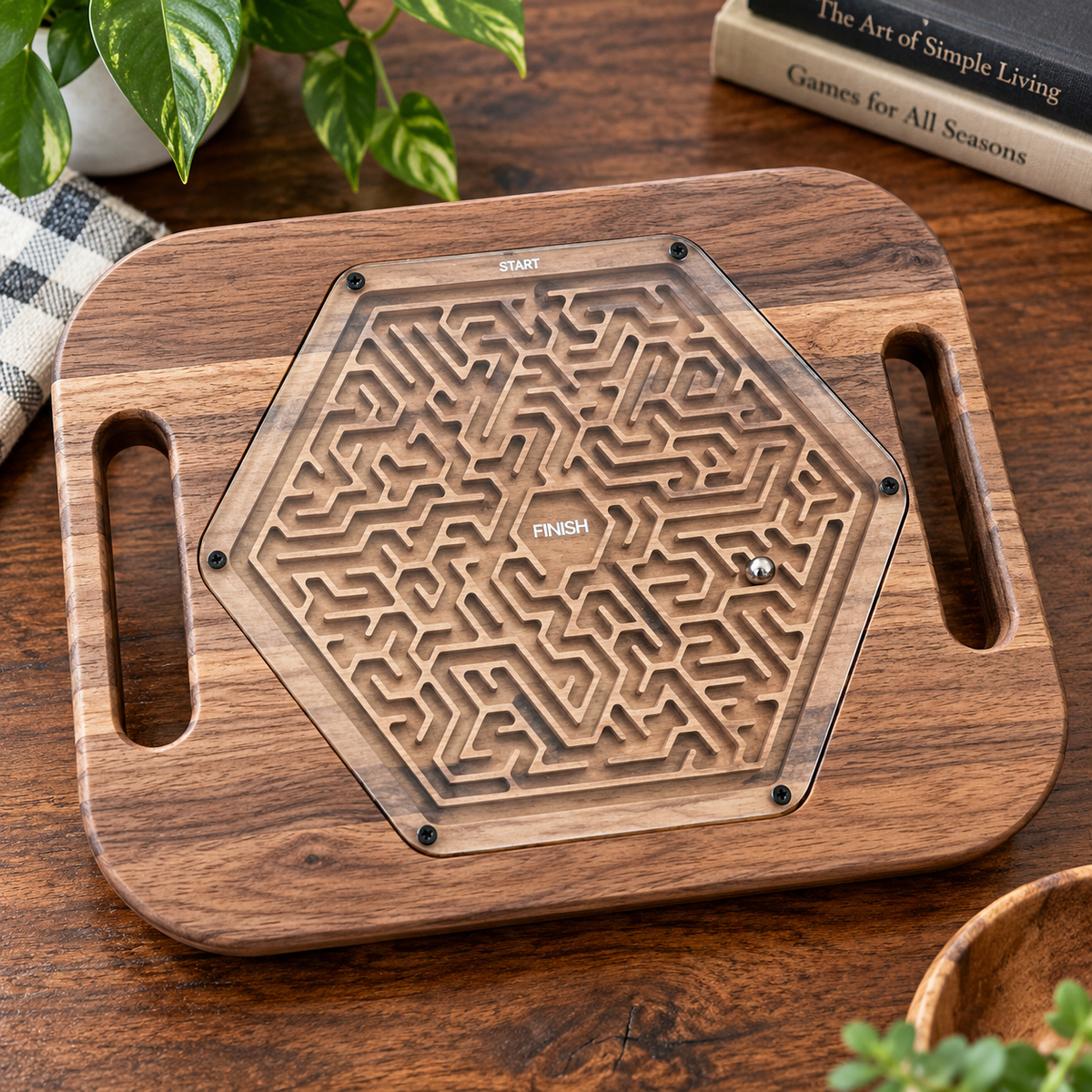 Large Hexagon Wooden Maze Puzzle | Handheld Labyrinth Game for Kids & Adults | Montessori Toy