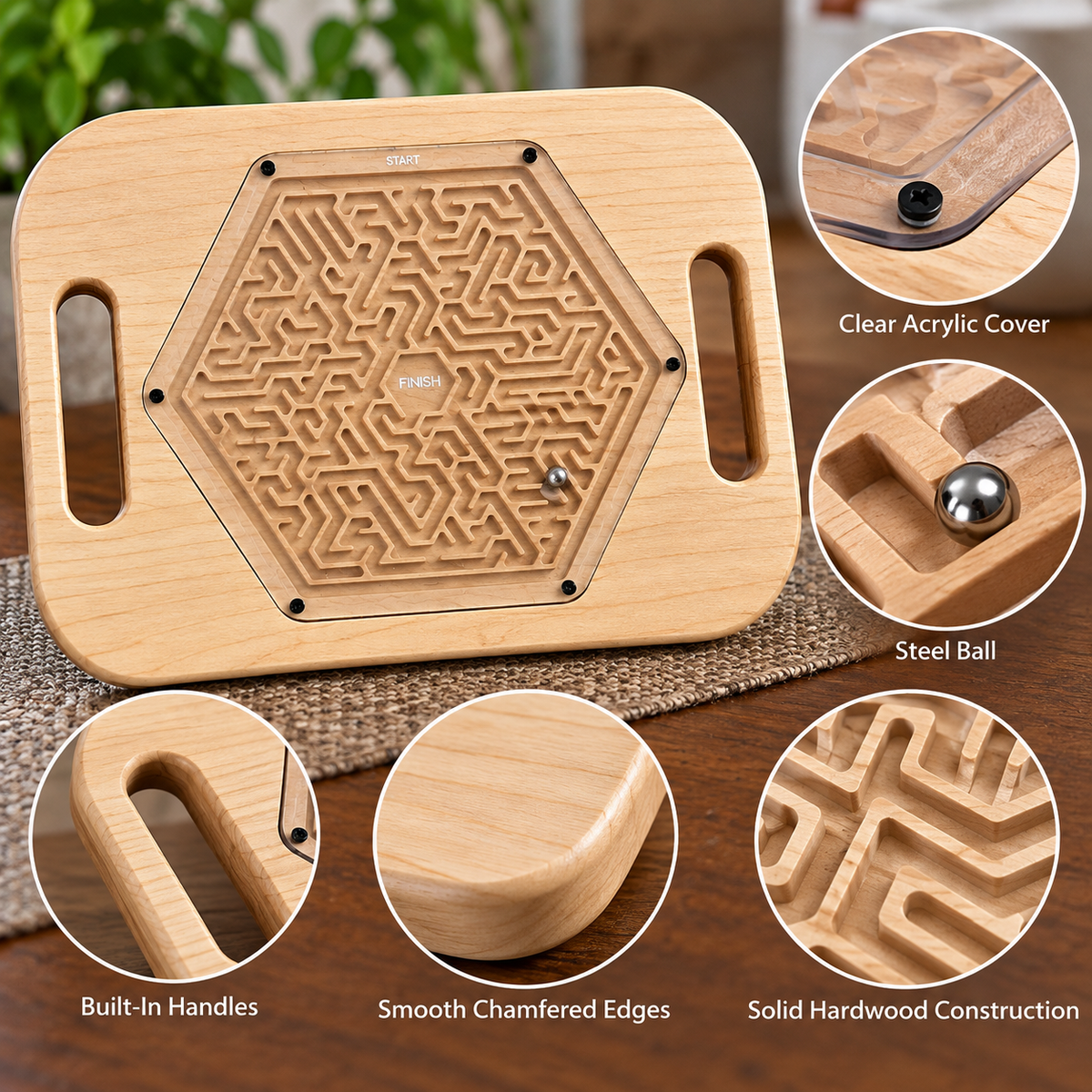Large Hexagon Wooden Maze Puzzle | Handheld Labyrinth Game for Kids & Adults | Montessori Toy