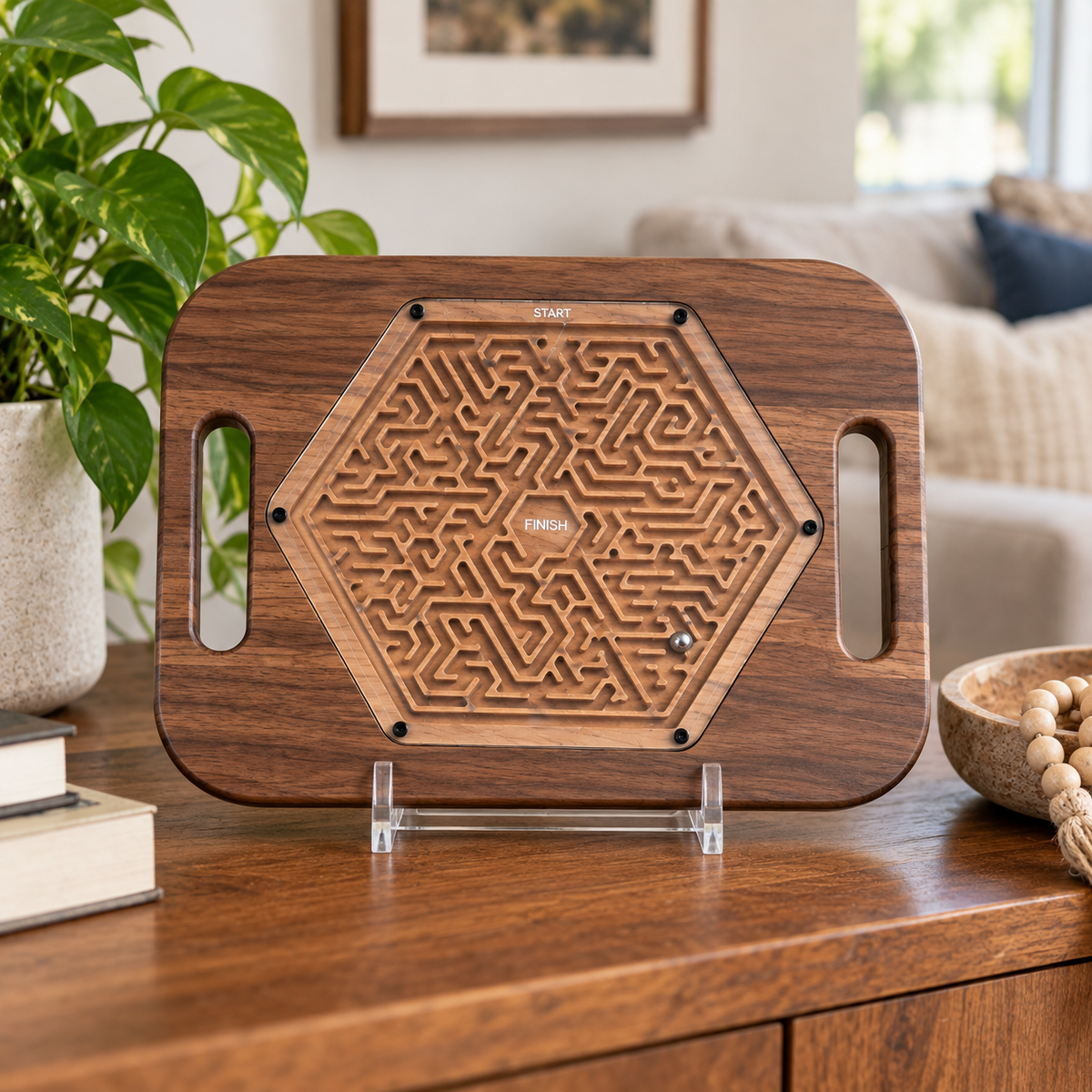 Large Hexagon Wooden Maze Puzzle | Handheld Labyrinth Game for Kids & Adults | Montessori Toy