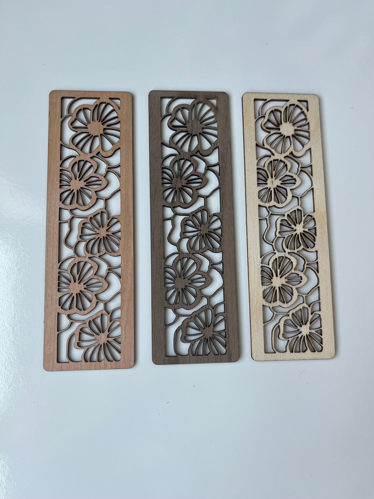 Wood Bookmarks - Set of 3 Wooden Bookmarks with Laser-Cut Flower Pattern – Maple, Cherry, and Walnut