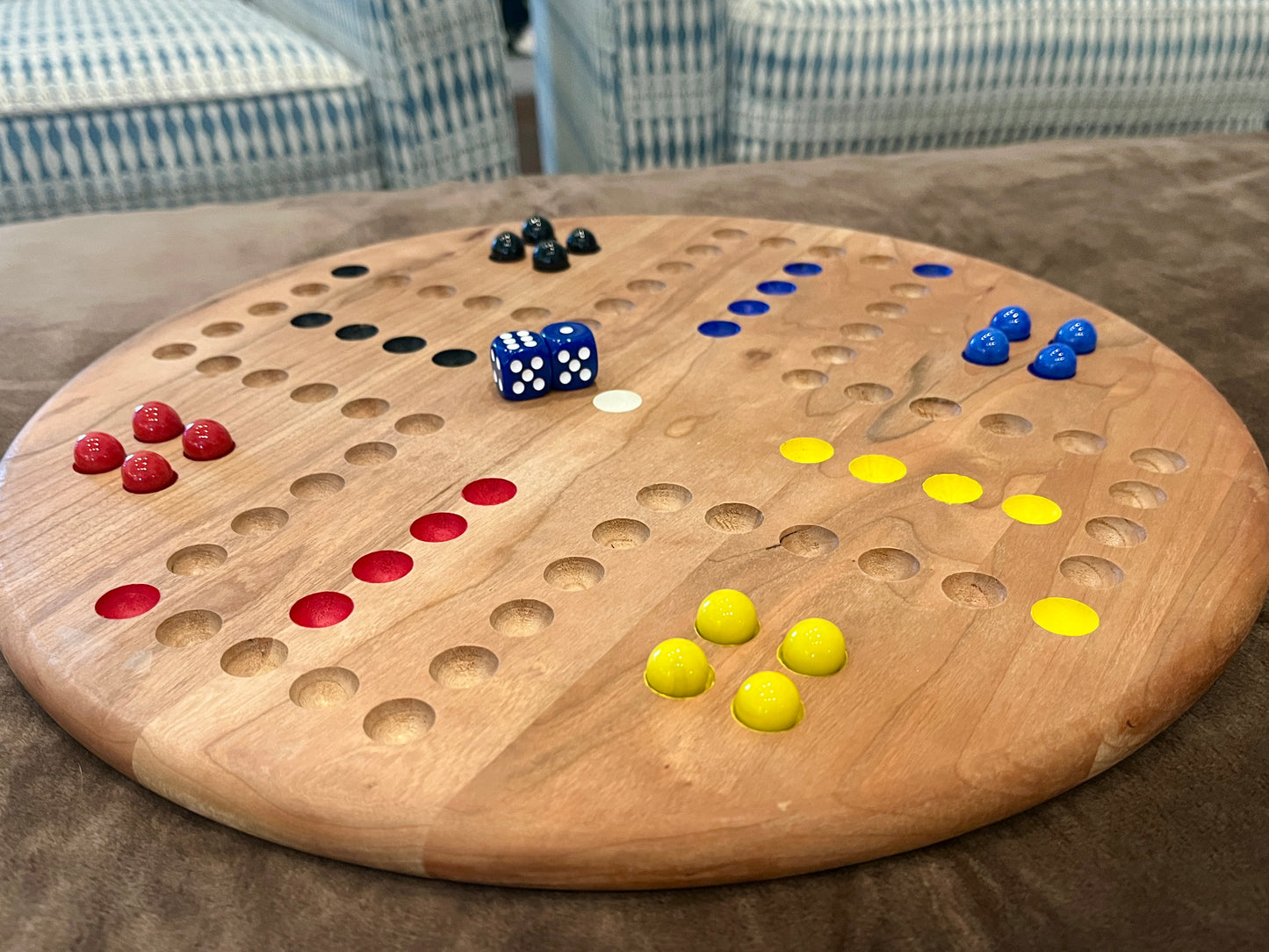 Handmade Wahoo Game Board – Hardwood Circle Board with Marbles & Dice – Choose Maple, Cherry, or Walnut