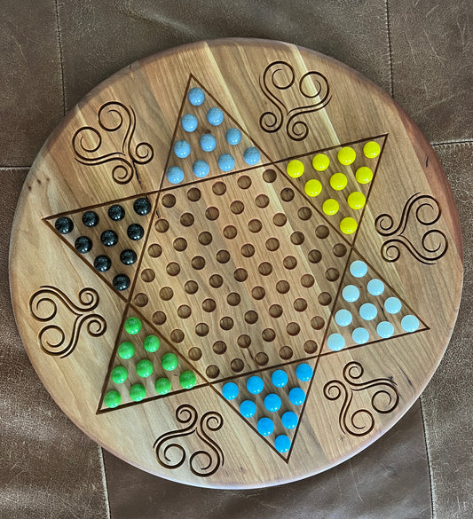 Handmade Chinese Checkers Game – 6-Player Circular Board – Maple or Cherry Hardwood with Marbles