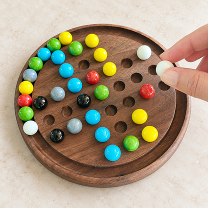 Wooden Marble Solitaire Game with Glass Marbles, Maple, Cherry or Walnut, Optional Personalized Engraving