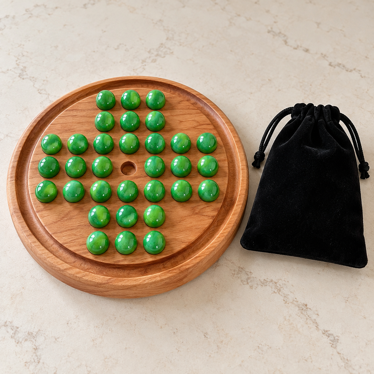 Wooden Marble Solitaire Game with Glass Marbles, Maple, Cherry or Walnut, Optional Personalized Engraving