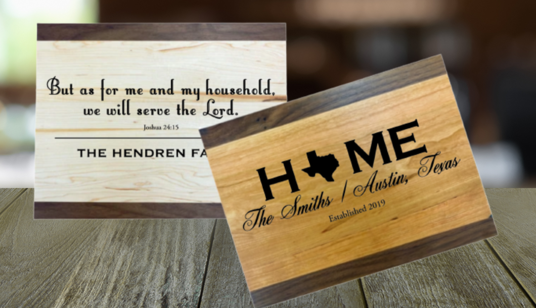 Personalized Cutting Board with Walnut Trim and Display Stand