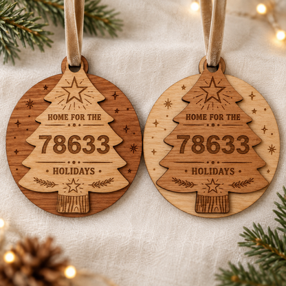 Personalized Layered Wood Zip Code Ornament, Custom Hometown Christmas Gift
