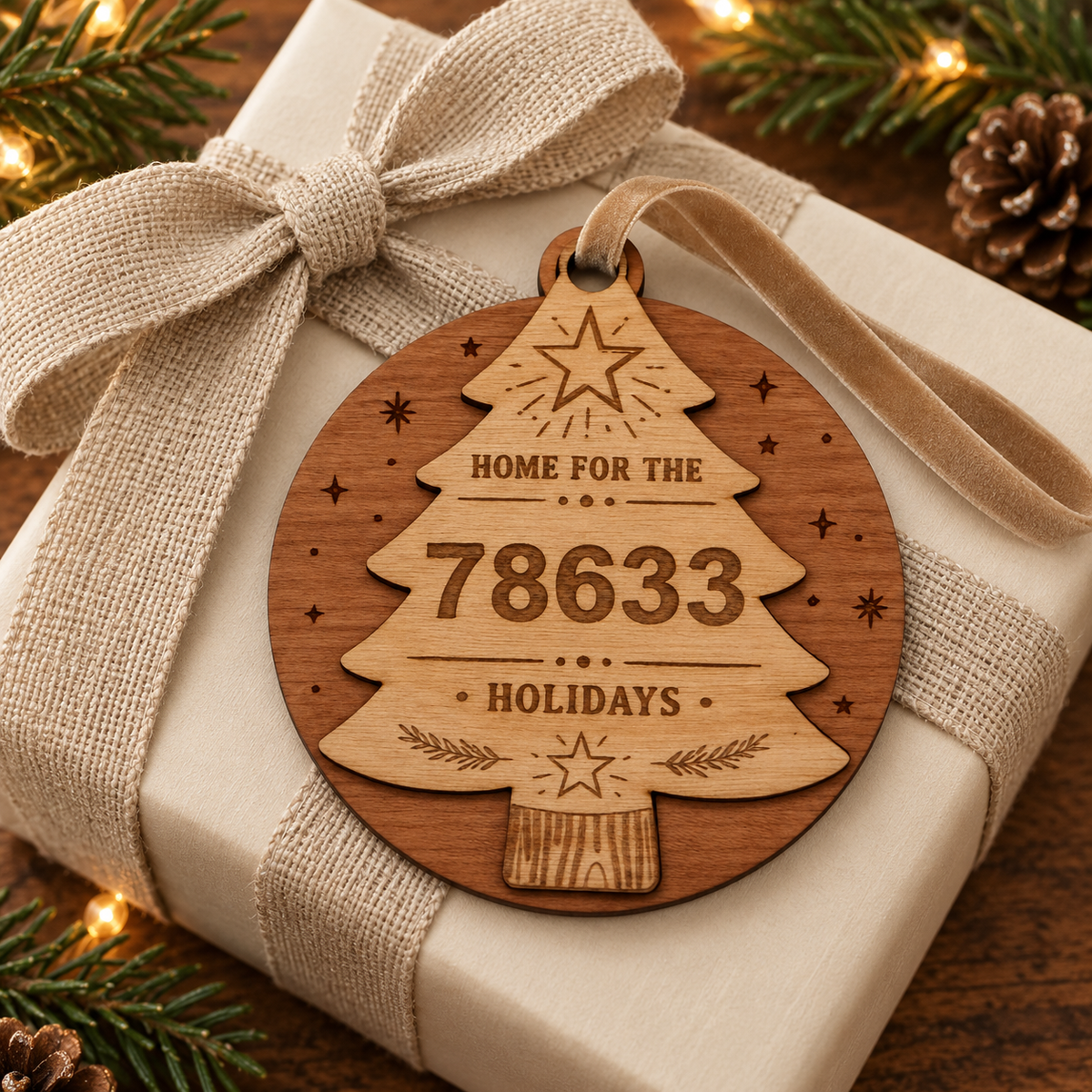 Personalized Layered Wood Zip Code Ornament, Custom Hometown Christmas Gift