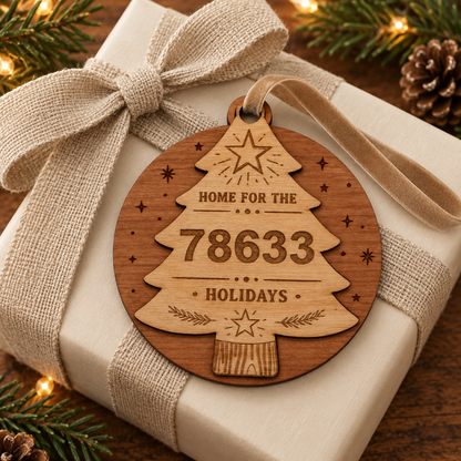 Personalized Layered Wood Zip Code Ornament, Custom Hometown Christmas Gift