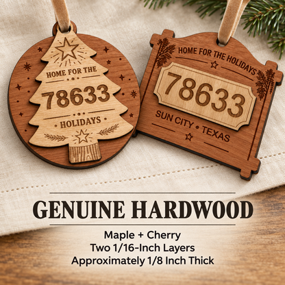 Personalized Layered Wood Zip Code Ornament, Custom Hometown Christmas Gift