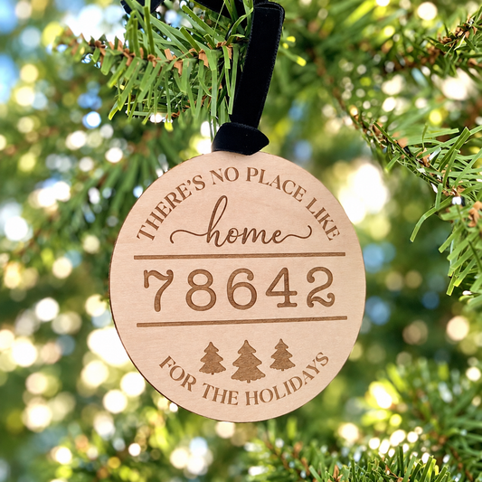 Personalized ZIP Code Christmas Ornament, Maple or Cherry Hardwood, Home for the Holidays Keepsake