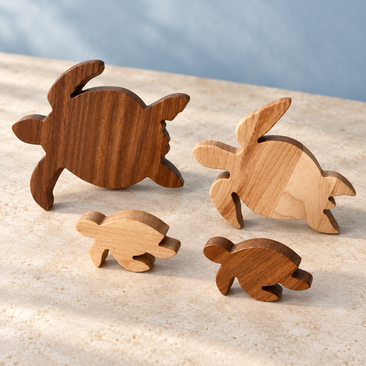 Wooden Sea Turtle Family Figurines, 4-Piece Solid Hardwood Coastal Shelf Decor, Beach House Gift