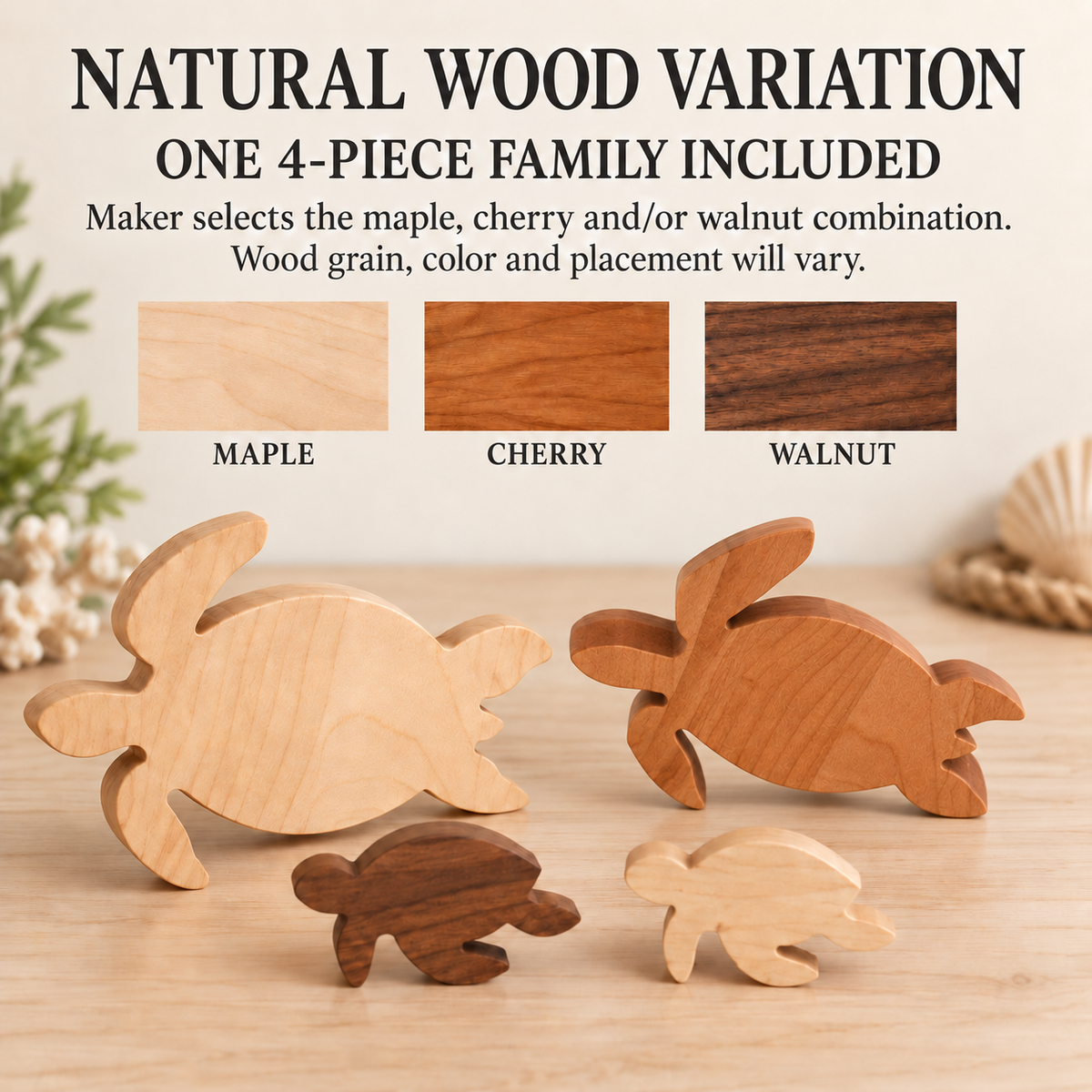 Wooden Sea Turtle Family Figurines, 4-Piece Solid Hardwood Coastal Shelf Decor, Beach House Gift