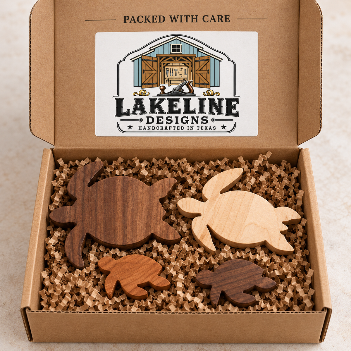 Wooden Sea Turtle Family Figurines, 4-Piece Solid Hardwood Coastal Shelf Decor, Beach House Gift