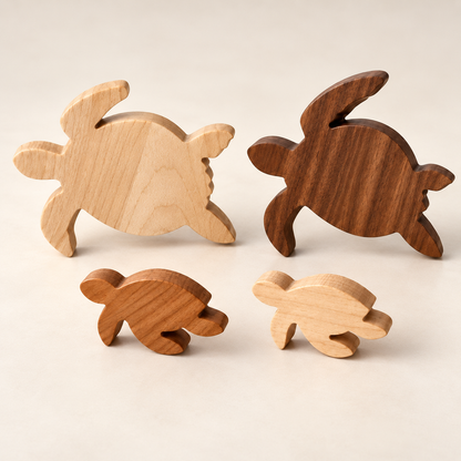 Wooden Sea Turtle Family Figurines, 4-Piece Solid Hardwood Coastal Shelf Decor, Beach House Gift