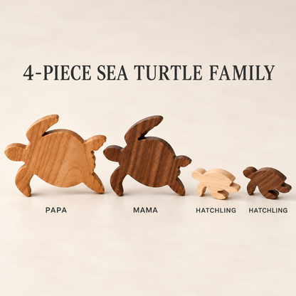 Wooden Sea Turtle Family Figurines, 4-Piece Solid Hardwood Coastal Shelf Decor, Beach House Gift