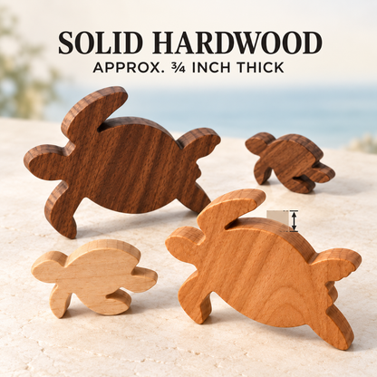 Wooden Sea Turtle Family Figurines, 4-Piece Solid Hardwood Coastal Shelf Decor, Beach House Gift