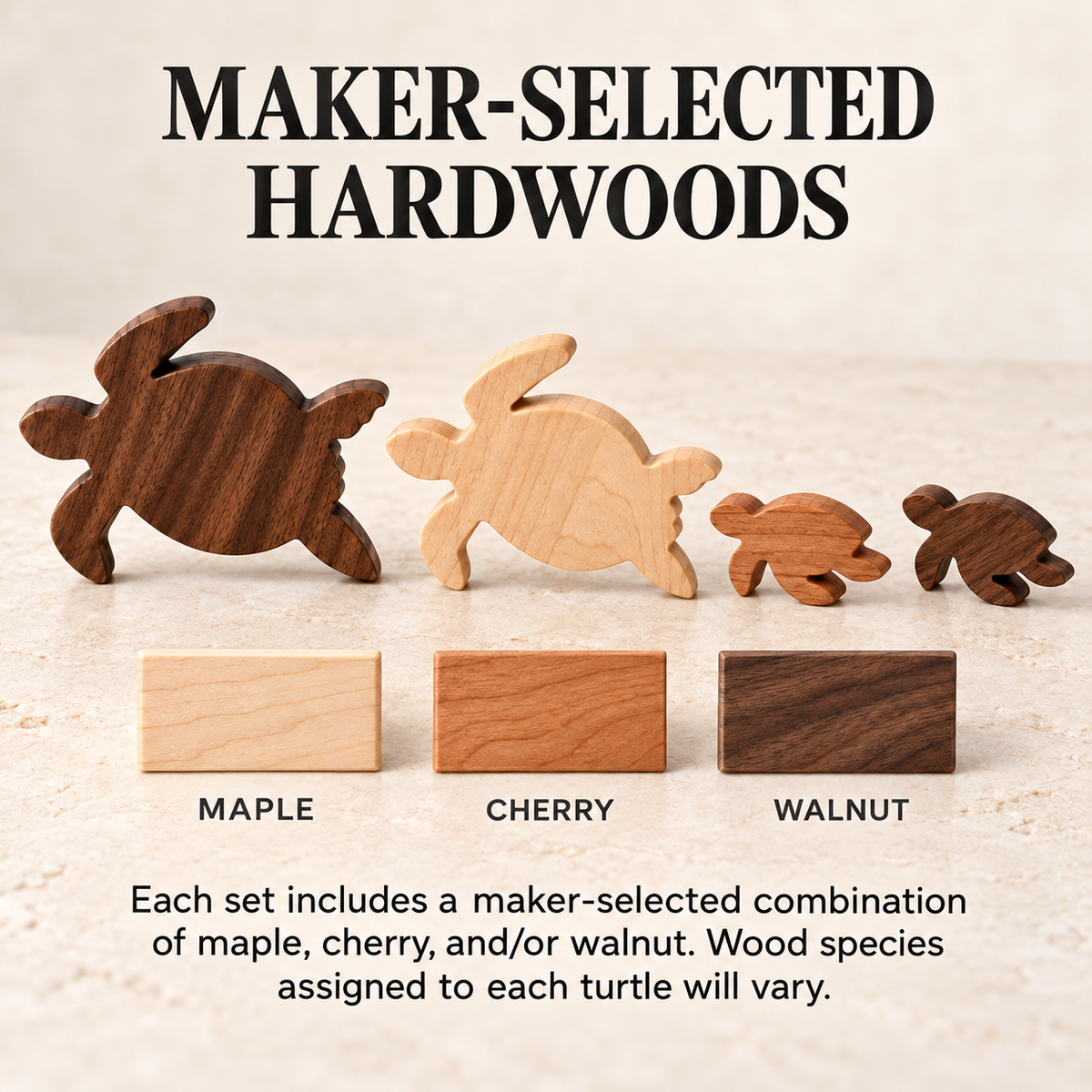 Wooden Sea Turtle Family Figurines, 4-Piece Solid Hardwood Coastal Shelf Decor, Beach House Gift