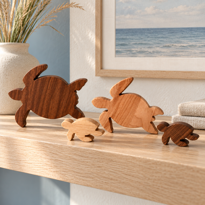 Wooden Sea Turtle Family Figurines, 4-Piece Solid Hardwood Coastal Shelf Decor, Beach House Gift