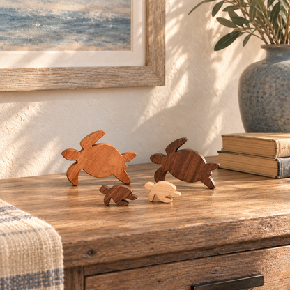 Wooden Sea Turtle Family Figurines, 4-Piece Solid Hardwood Coastal Shelf Decor, Beach House Gift