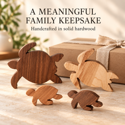 Wooden Sea Turtle Family Figurines, 4-Piece Solid Hardwood Coastal Shelf Decor, Beach House Gift
