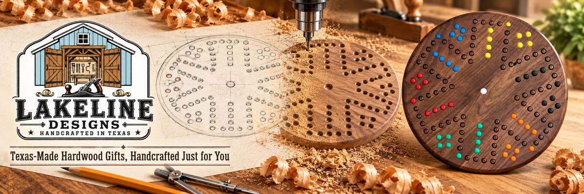 Three handcrafted wooden board games displayed on a workbench with wood shavings and a drill press in the background. The products include a round dark wood game with colorful dots, a circular light wood game with white markings, and a square wooden board game.