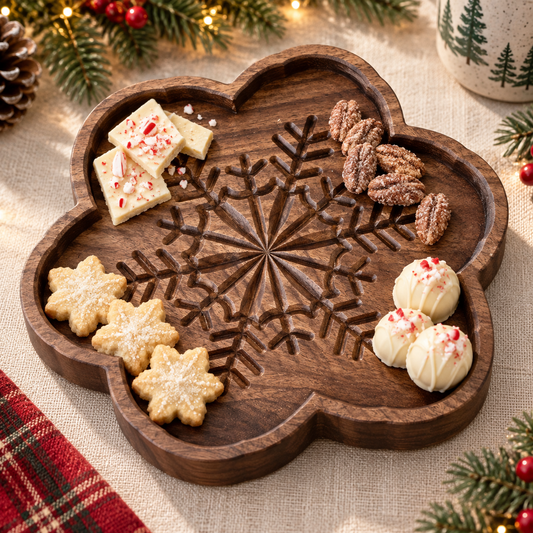 Wooden Snowflake Snack Tray: Solid Hardwood Christmas Candy Dish & Winter Table Decor