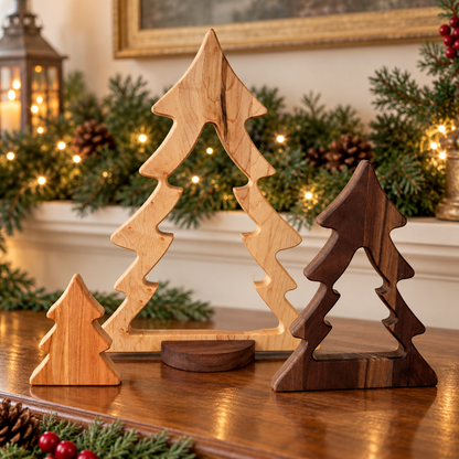 Nesting Wooden Christmas Tree Set, Solid Hardwood Holiday Decor, Maple Cherry and Walnut