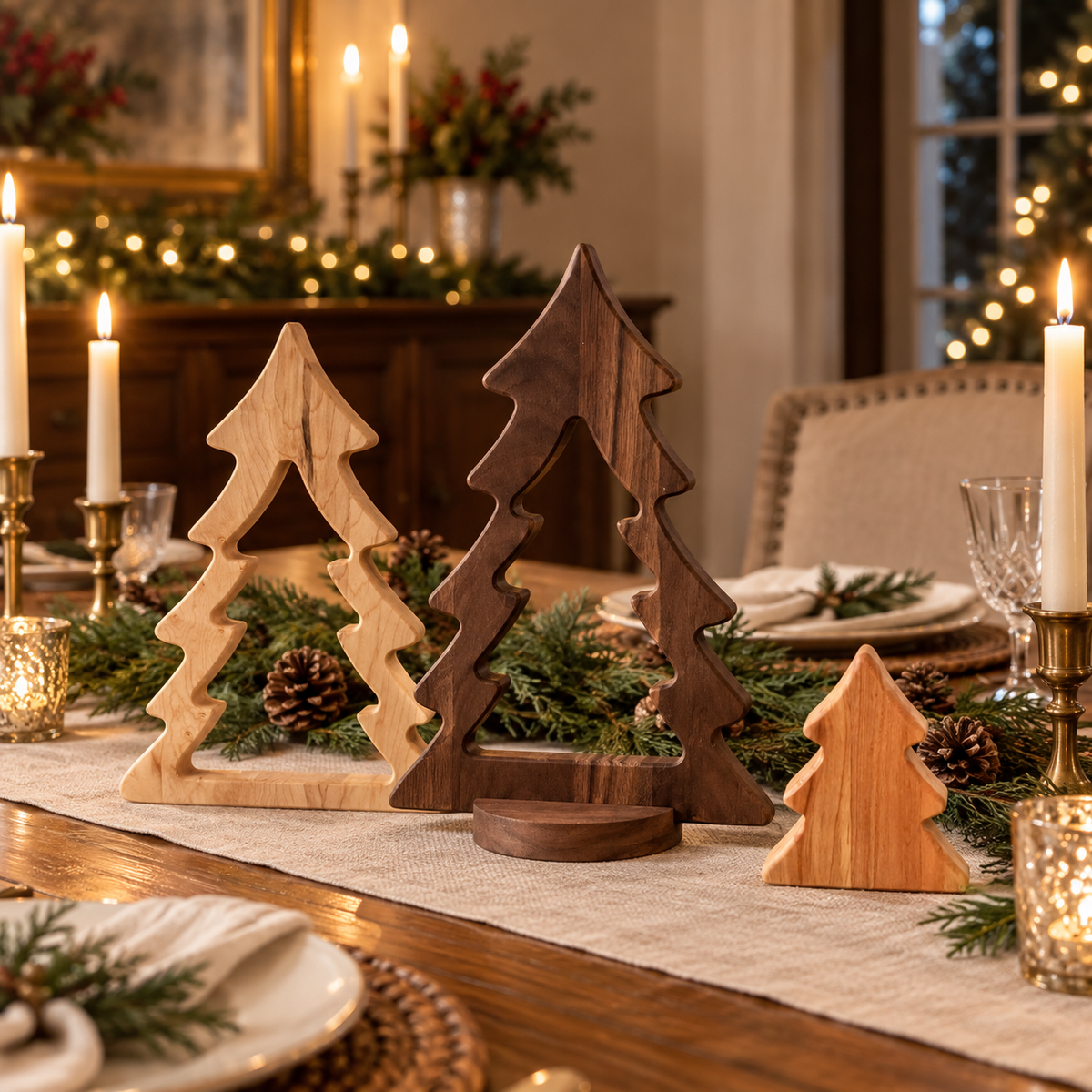 Nesting Wooden Christmas Tree Set, Solid Hardwood Holiday Decor, Maple Cherry and Walnut