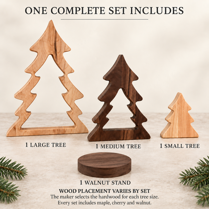 Nesting Wooden Christmas Tree Set, Solid Hardwood Holiday Decor, Maple Cherry and Walnut