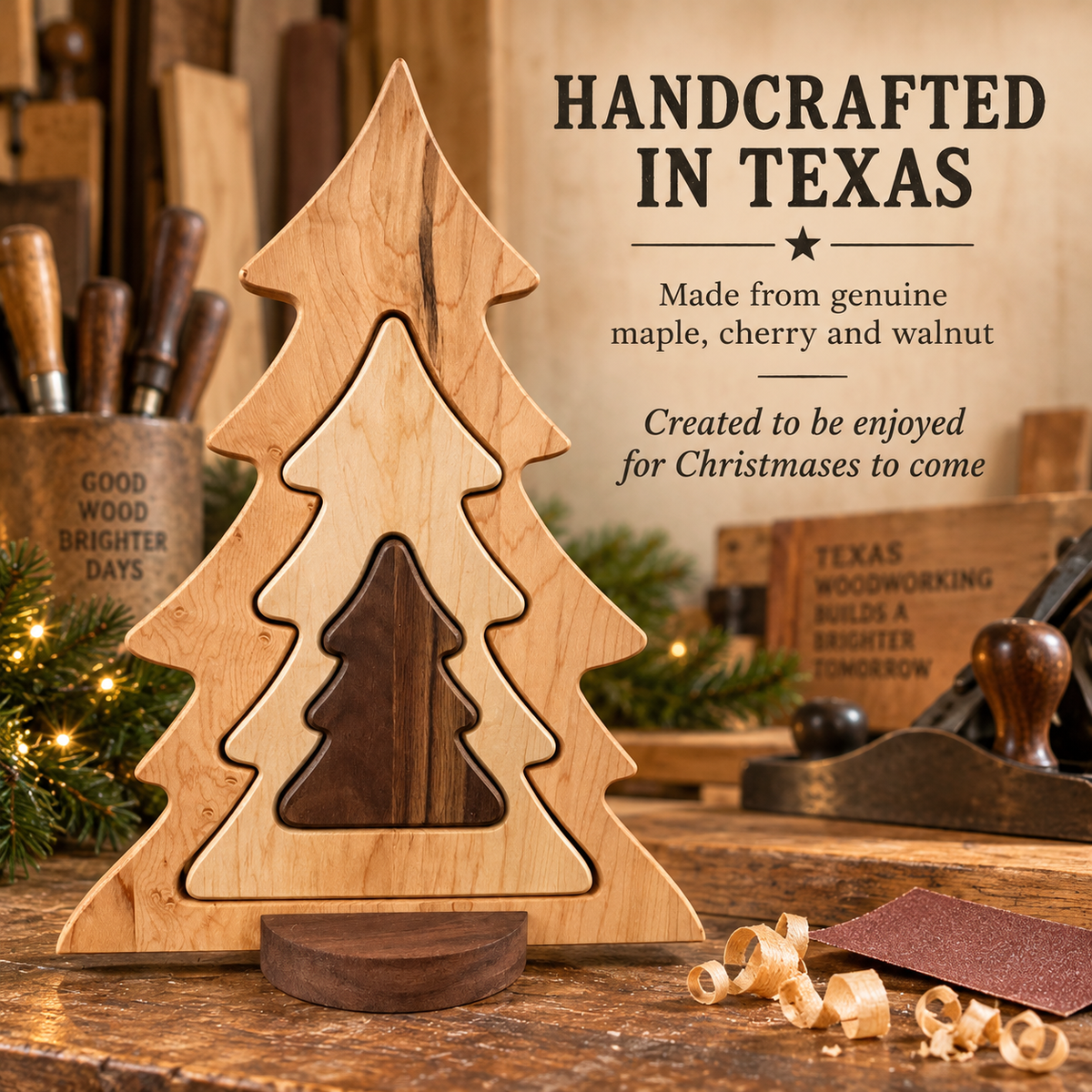 Nesting Wooden Christmas Tree Set, Solid Hardwood Holiday Decor, Maple Cherry and Walnut