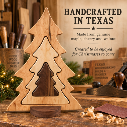 Nesting Wooden Christmas Tree Set, Solid Hardwood Holiday Decor, Maple Cherry and Walnut
