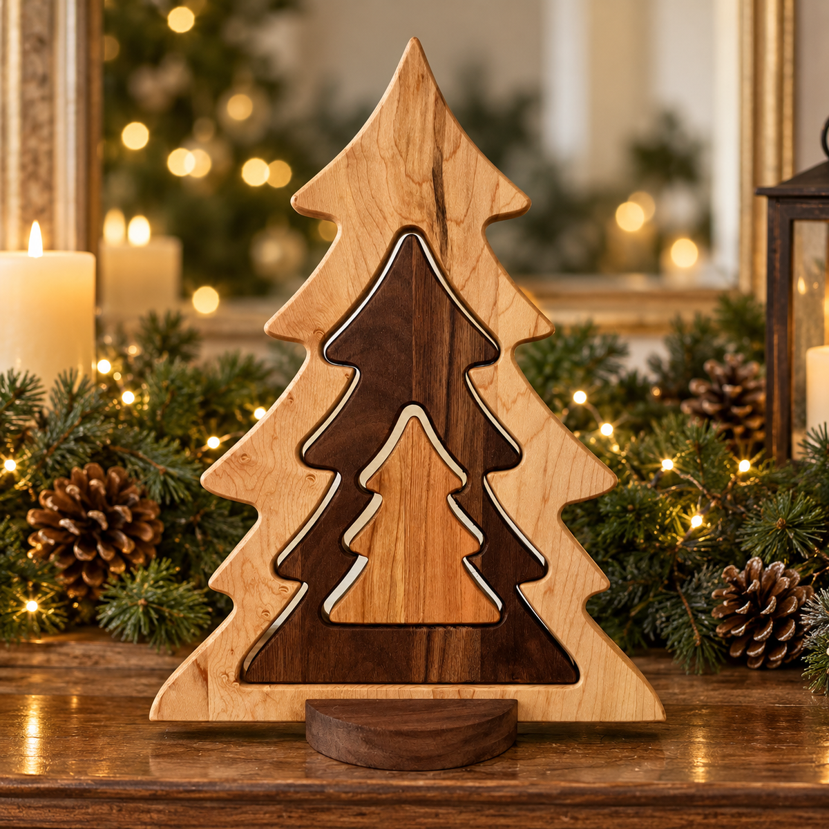 Nesting Wooden Christmas Tree Set, Solid Hardwood Holiday Decor, Maple Cherry and Walnut