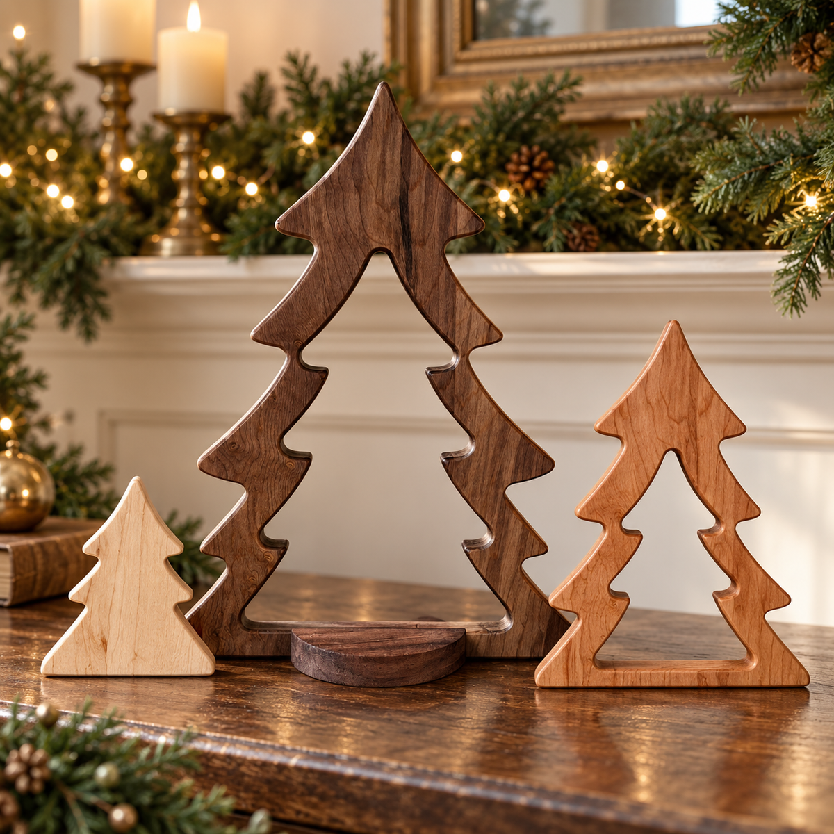 Nesting Wooden Christmas Tree Set, Solid Hardwood Holiday Decor, Maple Cherry and Walnut