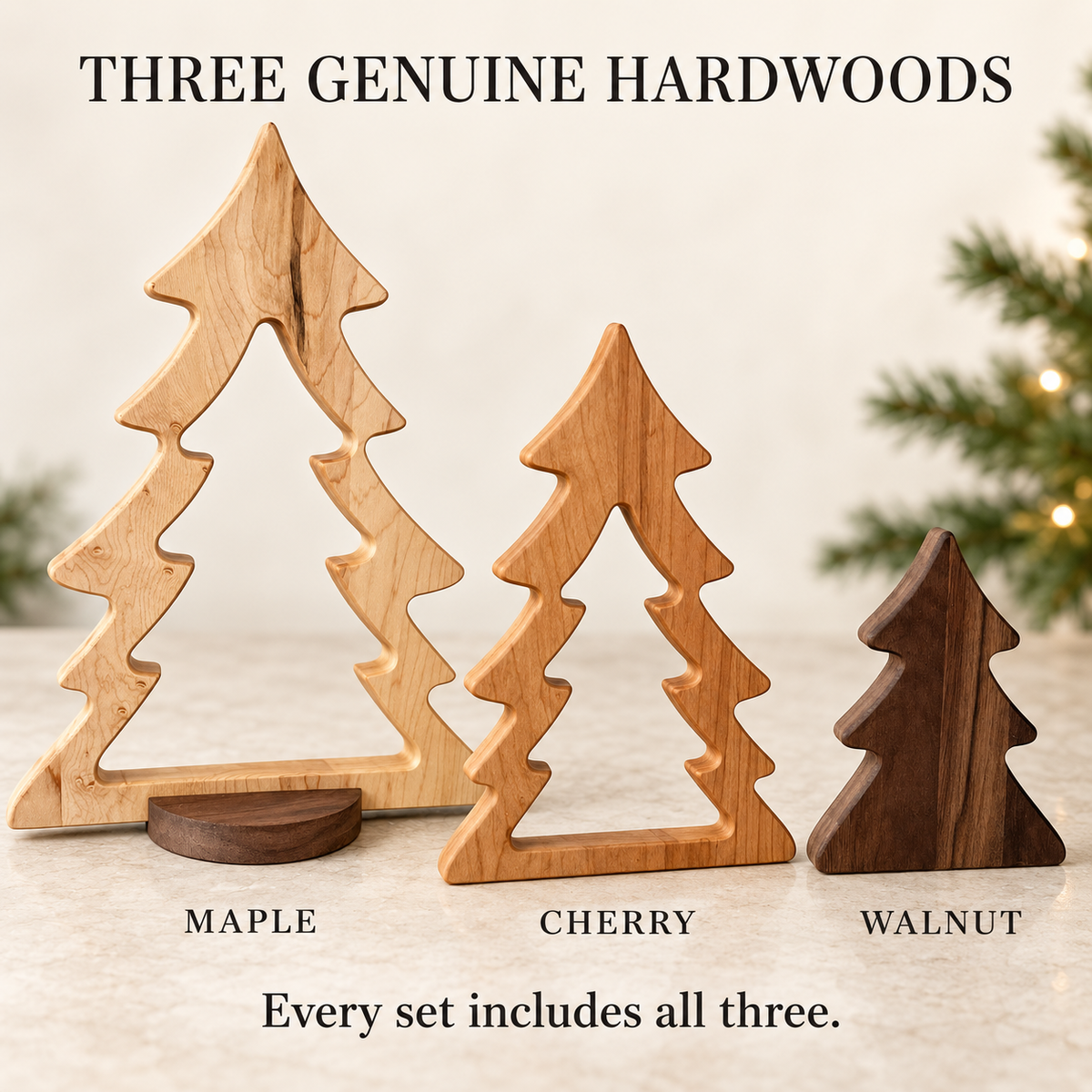 Nesting Wooden Christmas Tree Set, Solid Hardwood Holiday Decor, Maple Cherry and Walnut