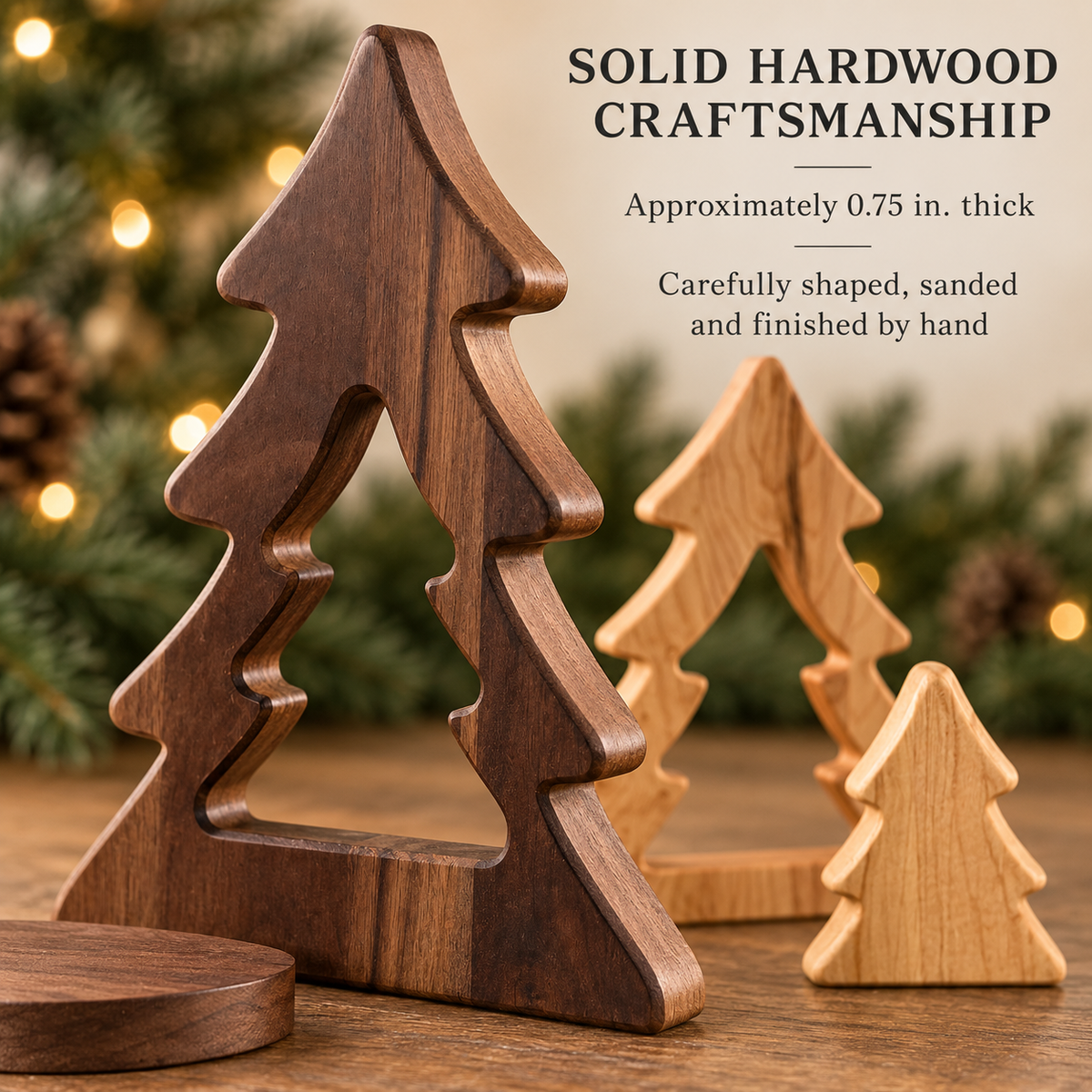 Nesting Wooden Christmas Tree Set, Solid Hardwood Holiday Decor, Maple Cherry and Walnut