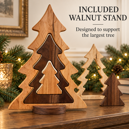 Nesting Wooden Christmas Tree Set, Solid Hardwood Holiday Decor, Maple Cherry and Walnut