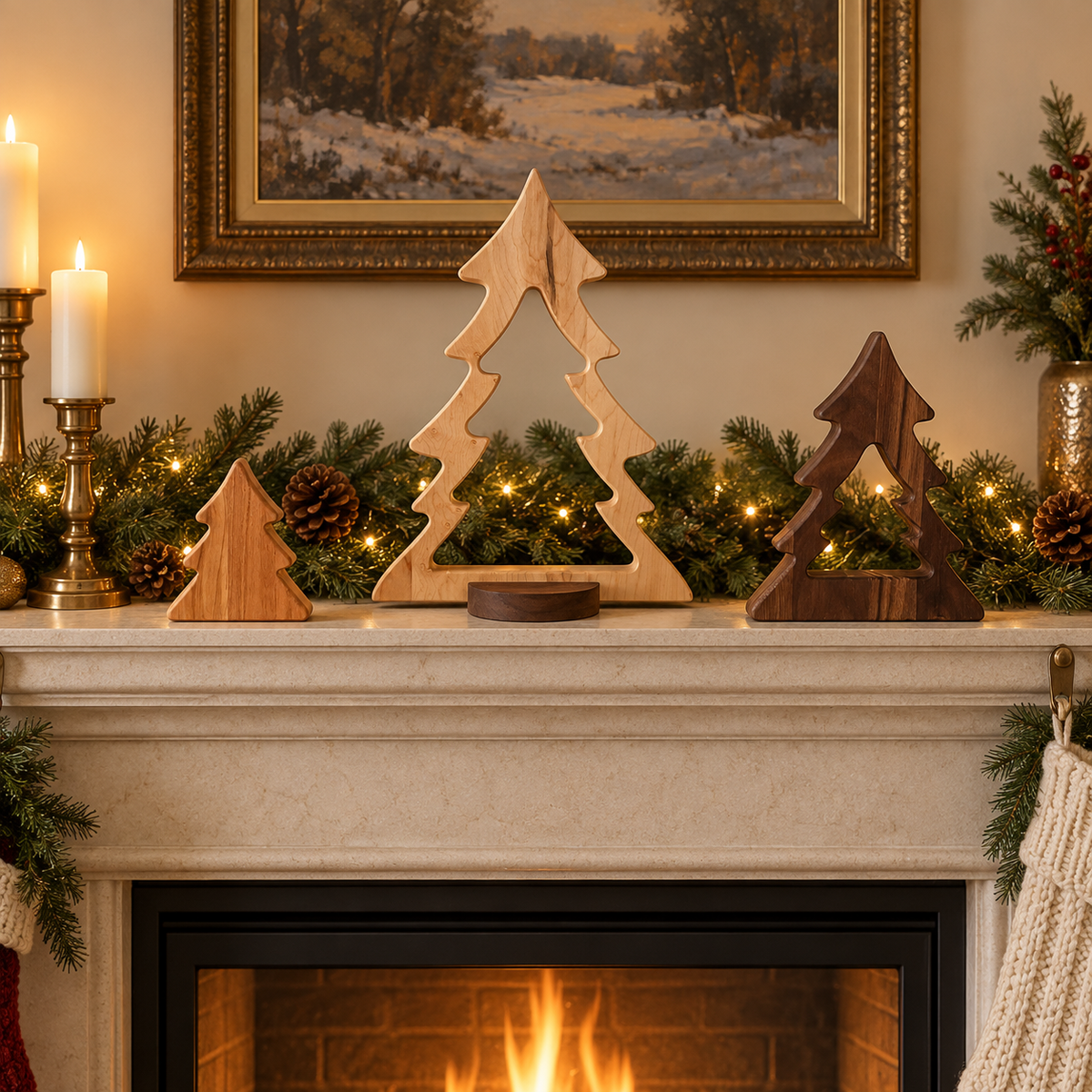 Nesting Wooden Christmas Tree Set, Solid Hardwood Holiday Decor, Maple Cherry and Walnut