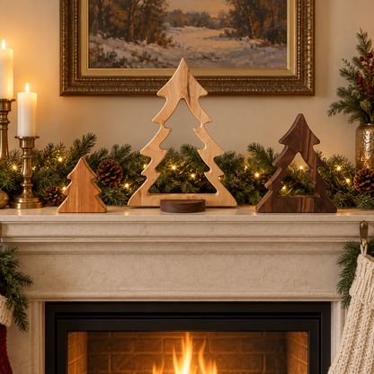 Nesting Wooden Christmas Tree Set, Solid Hardwood Holiday Decor, Maple Cherry and Walnut