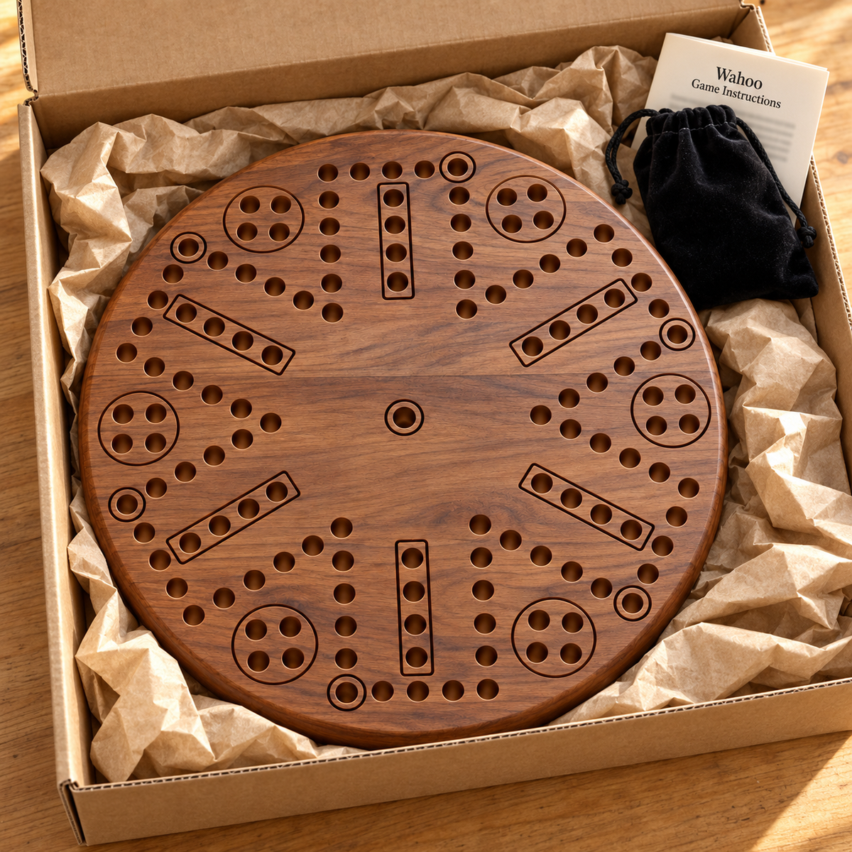 Wooden Wahoo Board Game, 4 or 6 Player, Maple Cherry or Walnut, Engraved Accents